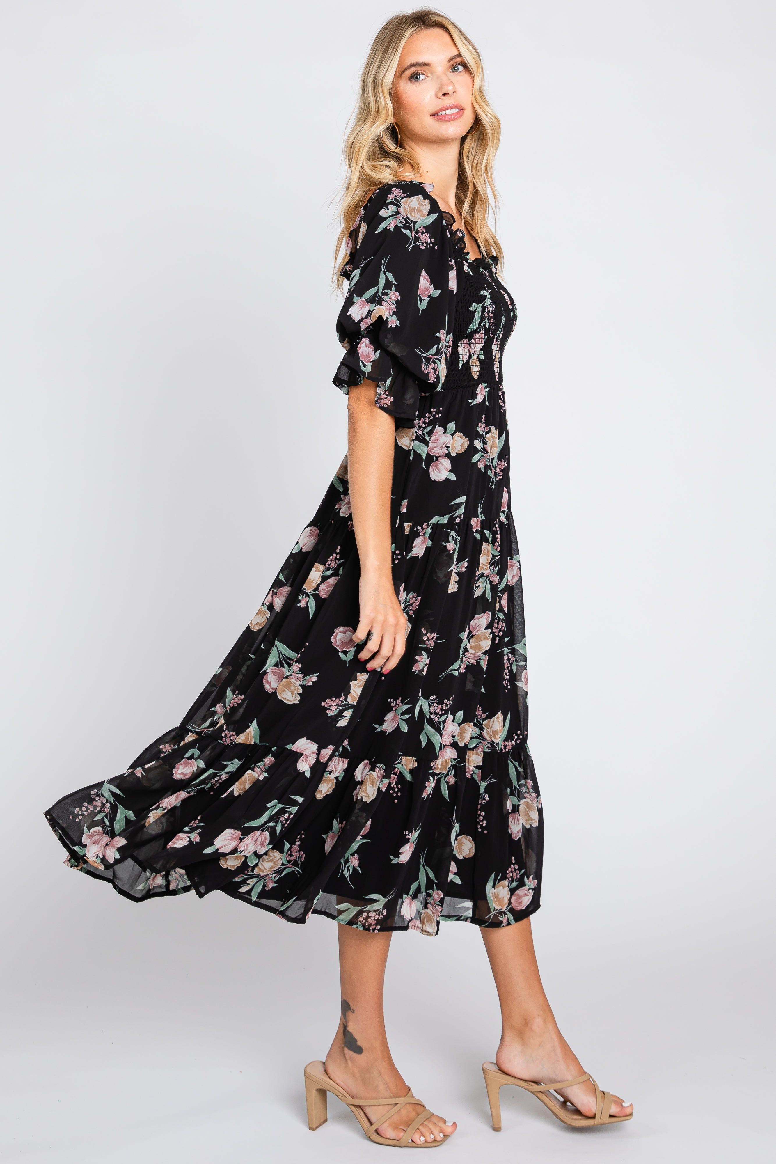 Black Floral Chiffon Ruffle Square Neck Smocked Midi Dress sold by Pinkblush product image thumbnail 2