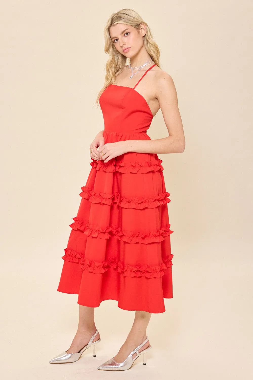 Red Ruffled Midi Dress With Criss Cross Back sold by Pinkblush product image thumbnail 4