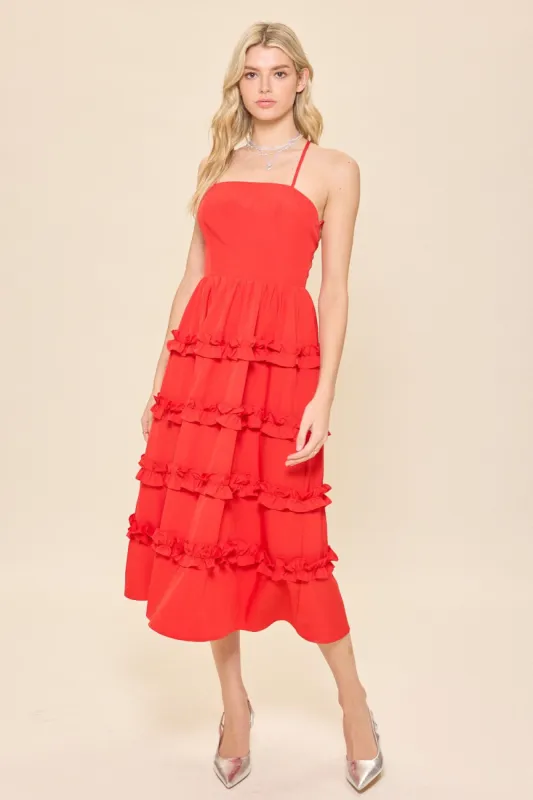 Red Ruffled Midi Dress With Criss Cross Back sold by Pinkblush