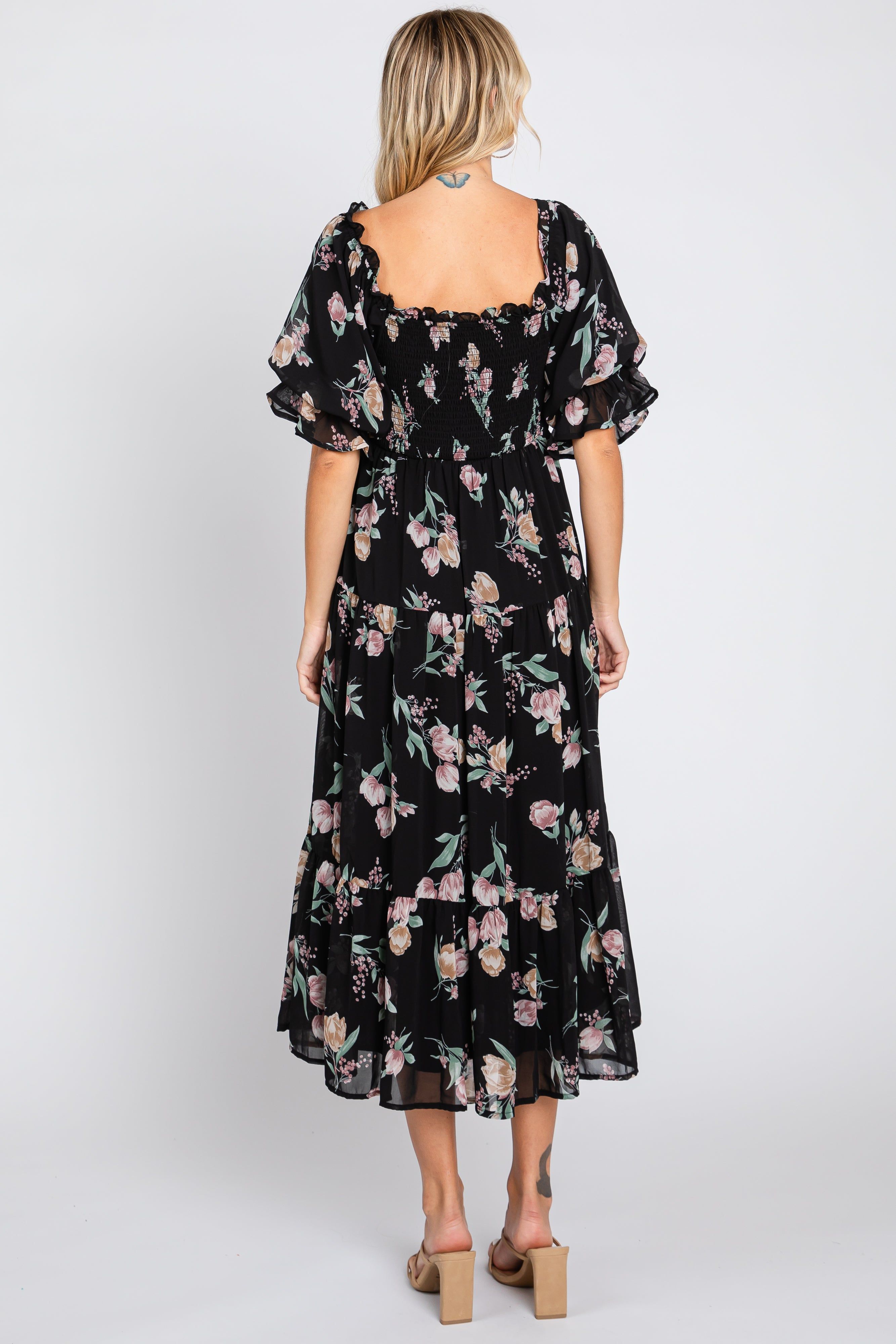 Black Floral Chiffon Ruffle Square Neck Smocked Midi Dress sold by Pinkblush product image thumbnail 3