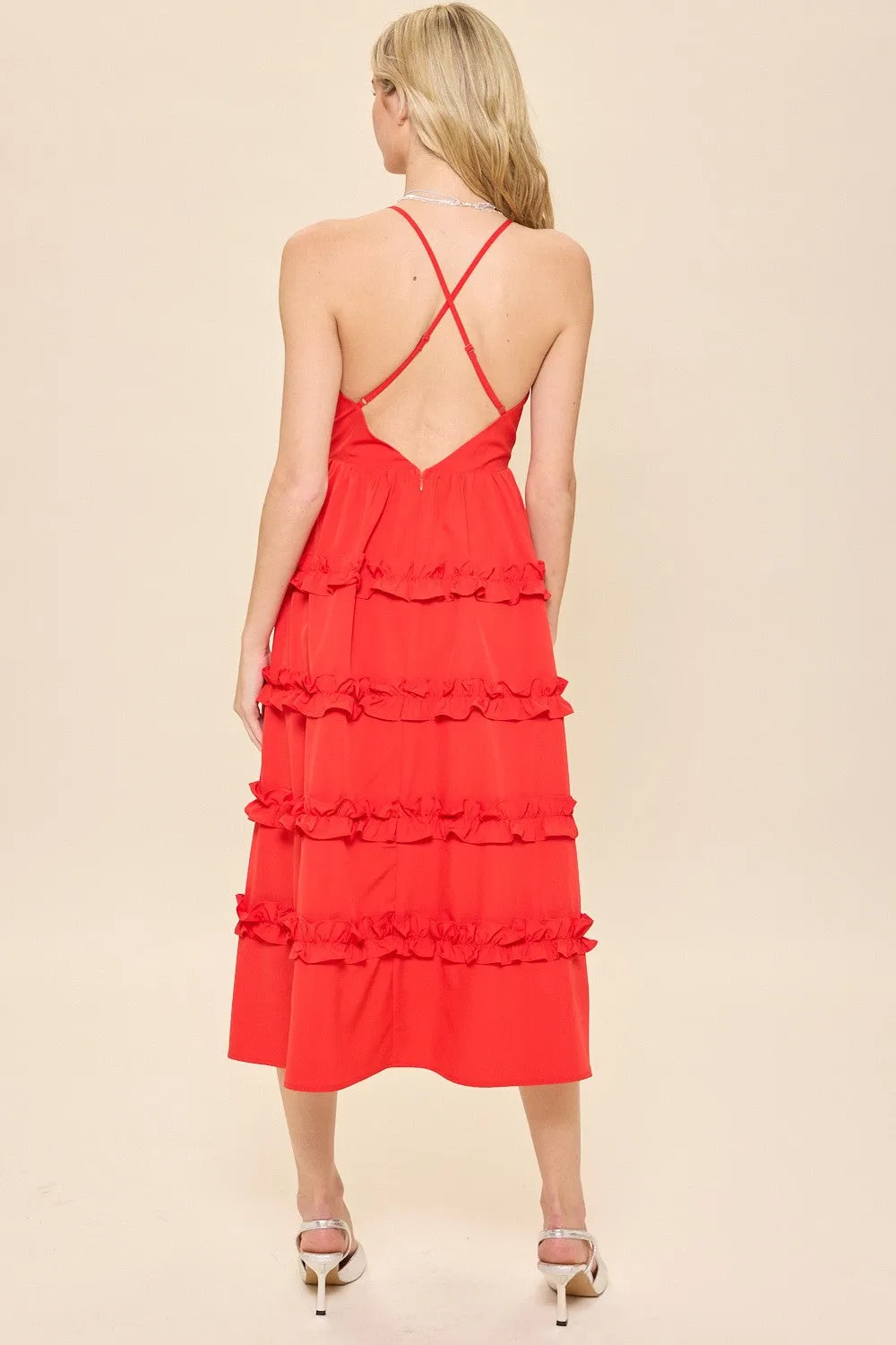 Red Ruffled Midi Dress With Criss Cross Back sold by Pinkblush product image thumbnail 5