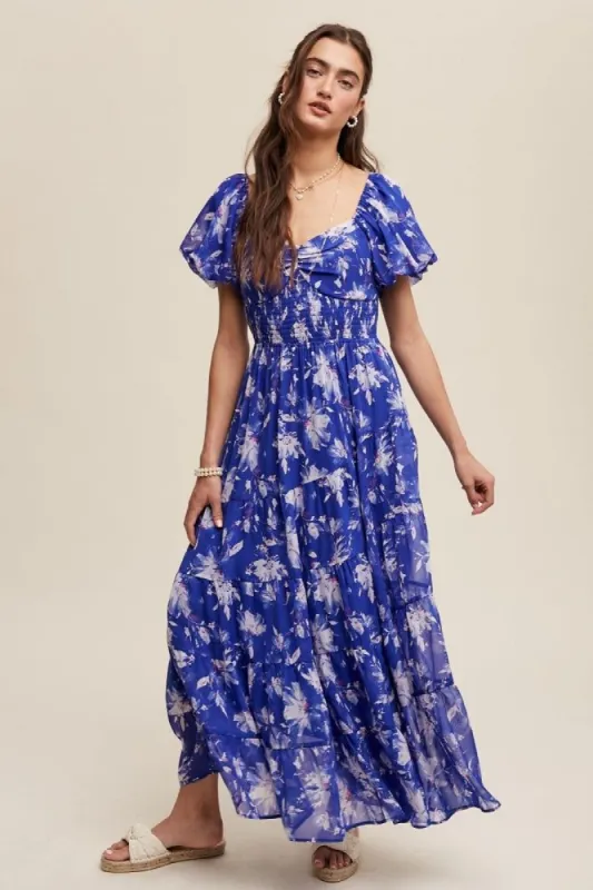 Bright Blue Flower Print Ruched Sweetheart Maxi Dress sold by Pinkblush