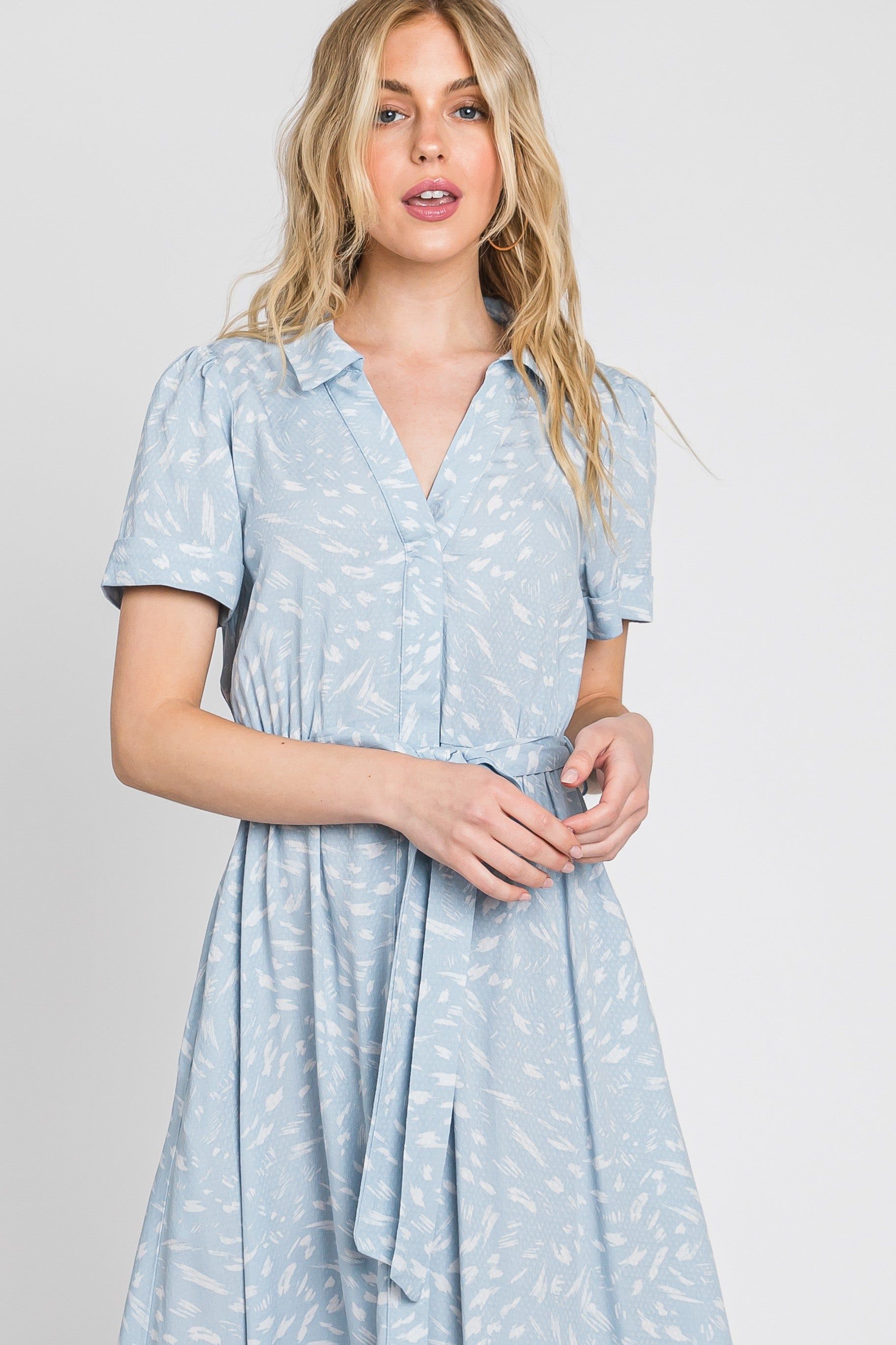 Blue Printed V-Neck Collared Midi Dress sold by Pinkblush product image thumbnail 4