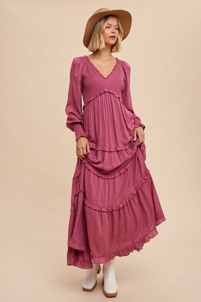 Magenta Smocked Ruffle Tiered Maxi Dress sold by Pinkblush product image thumbnail 4
