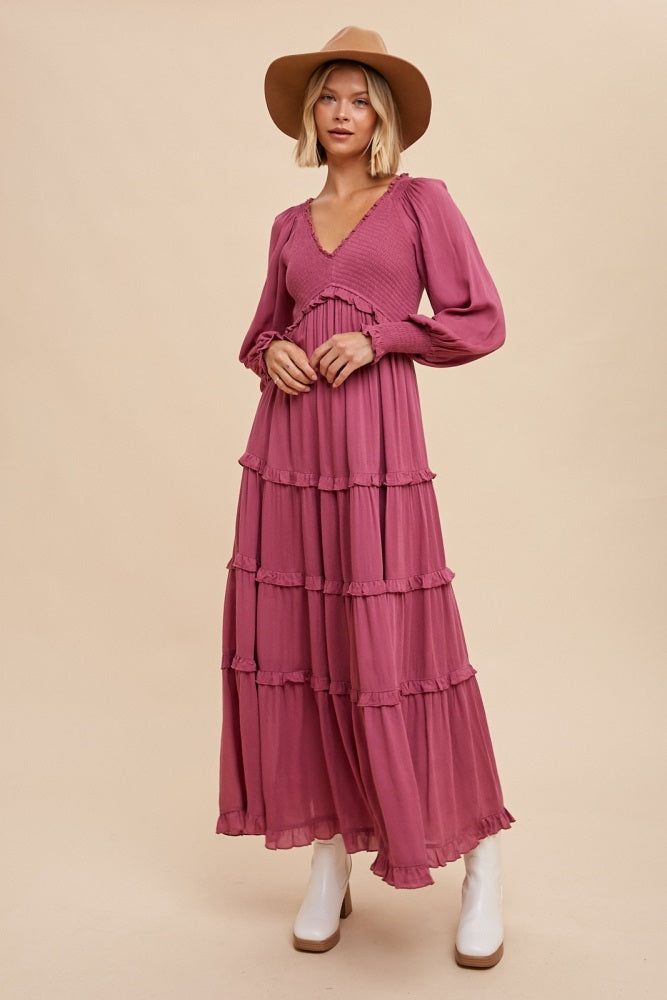 Magenta Smocked Ruffle Tiered Maxi Dress sold by Pinkblush
