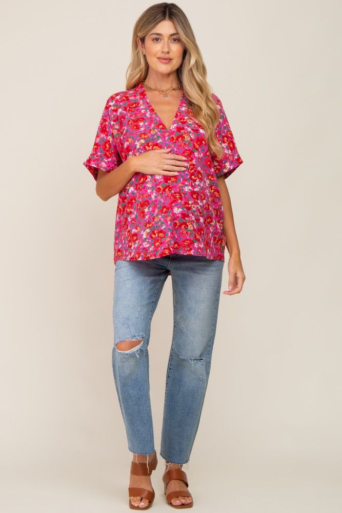 Fuchsia Floral V-Neck Short Dolman Sleeve Maternity Top sold by Pinkblush product image thumbnail 4