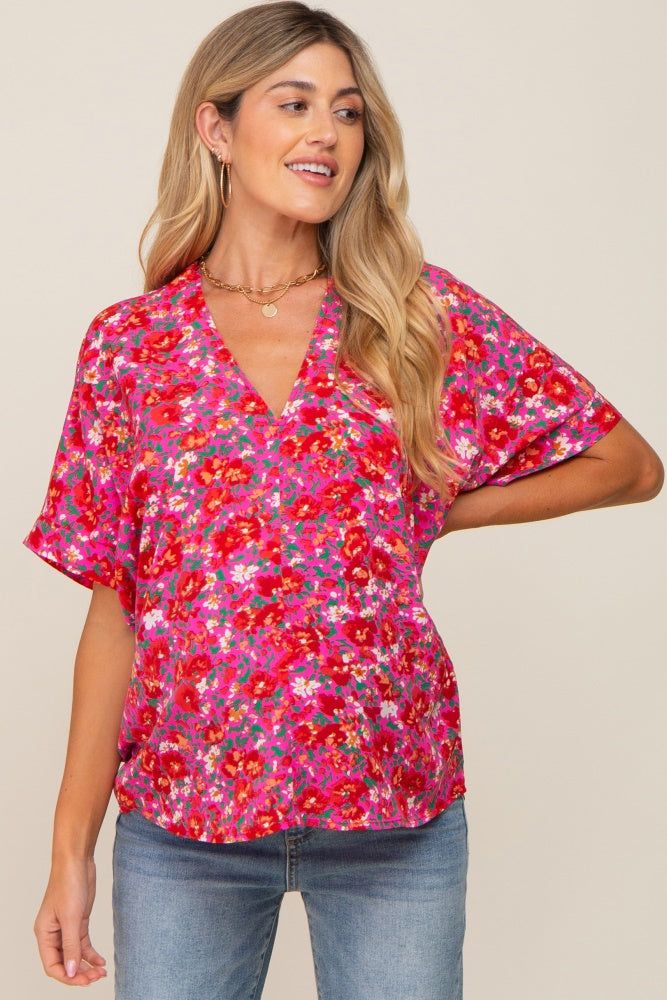 Fuchsia Floral V-Neck Short Dolman Sleeve Maternity Top sold by Pinkblush