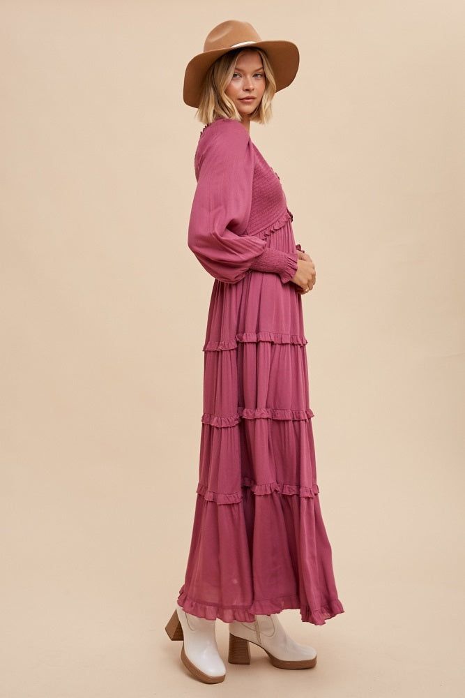 Magenta Smocked Ruffle Tiered Maxi Dress sold by Pinkblush product image thumbnail 2