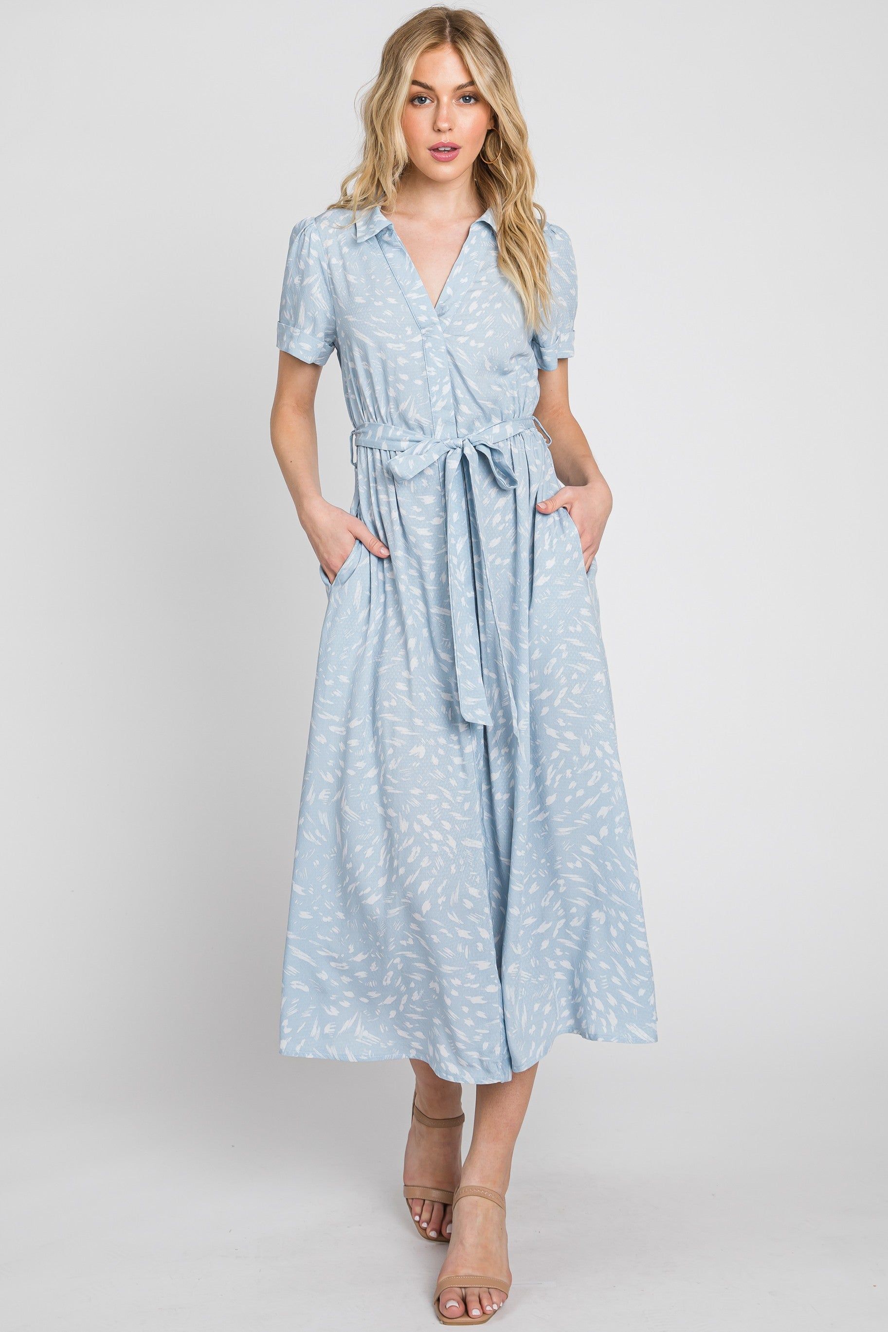 Blue Printed V-Neck Collared Midi Dress sold by Pinkblush