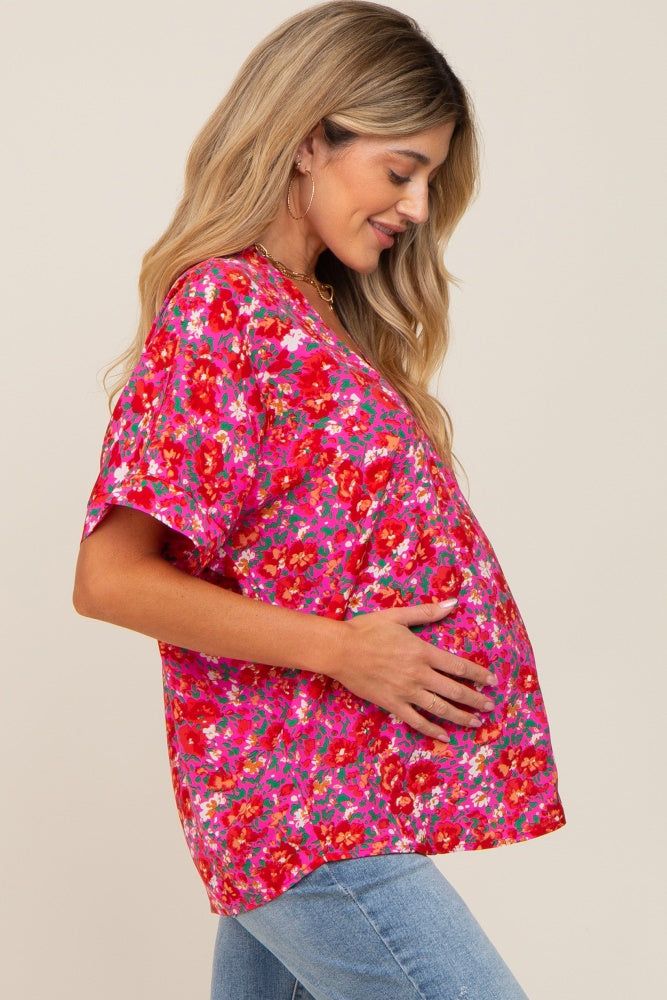 Fuchsia Floral V-Neck Short Dolman Sleeve Maternity Top sold by Pinkblush product image thumbnail 2