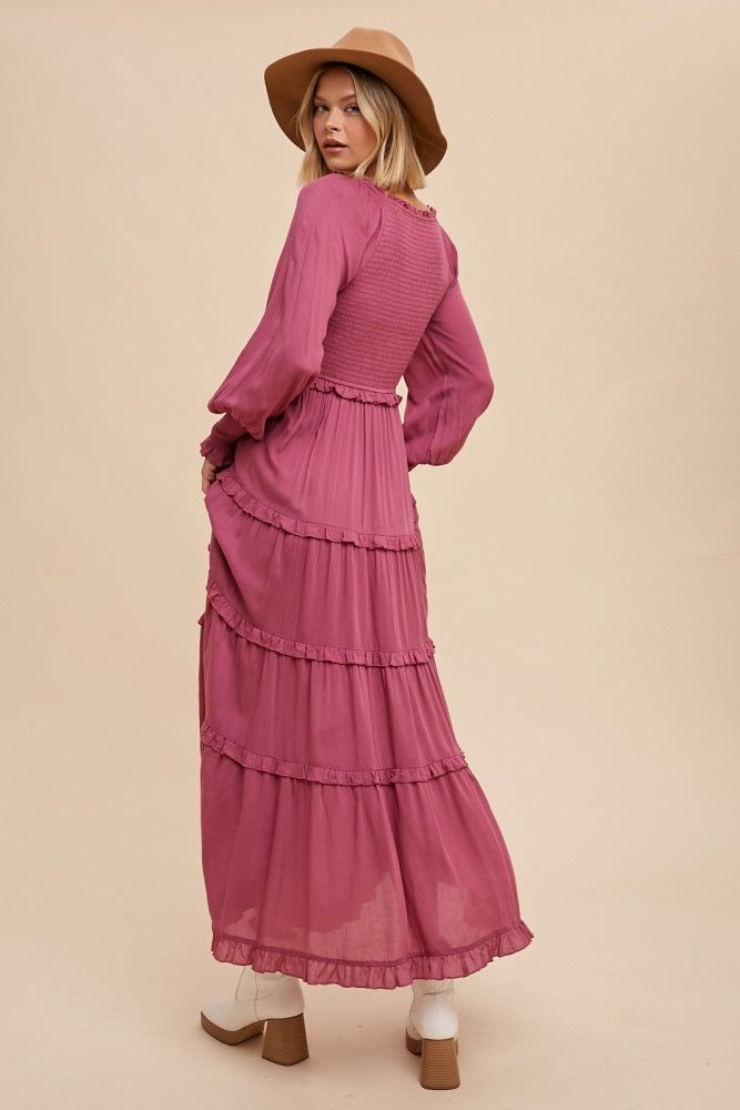 Magenta Smocked Ruffle Tiered Maxi Dress sold by Pinkblush product image thumbnail 3
