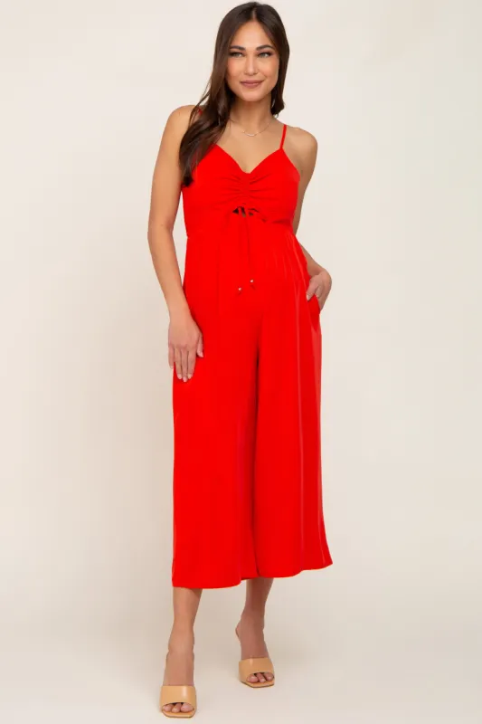 Red Sleeveless Ruched Drawstring Maternity Jumpsuit sold by Pinkblush