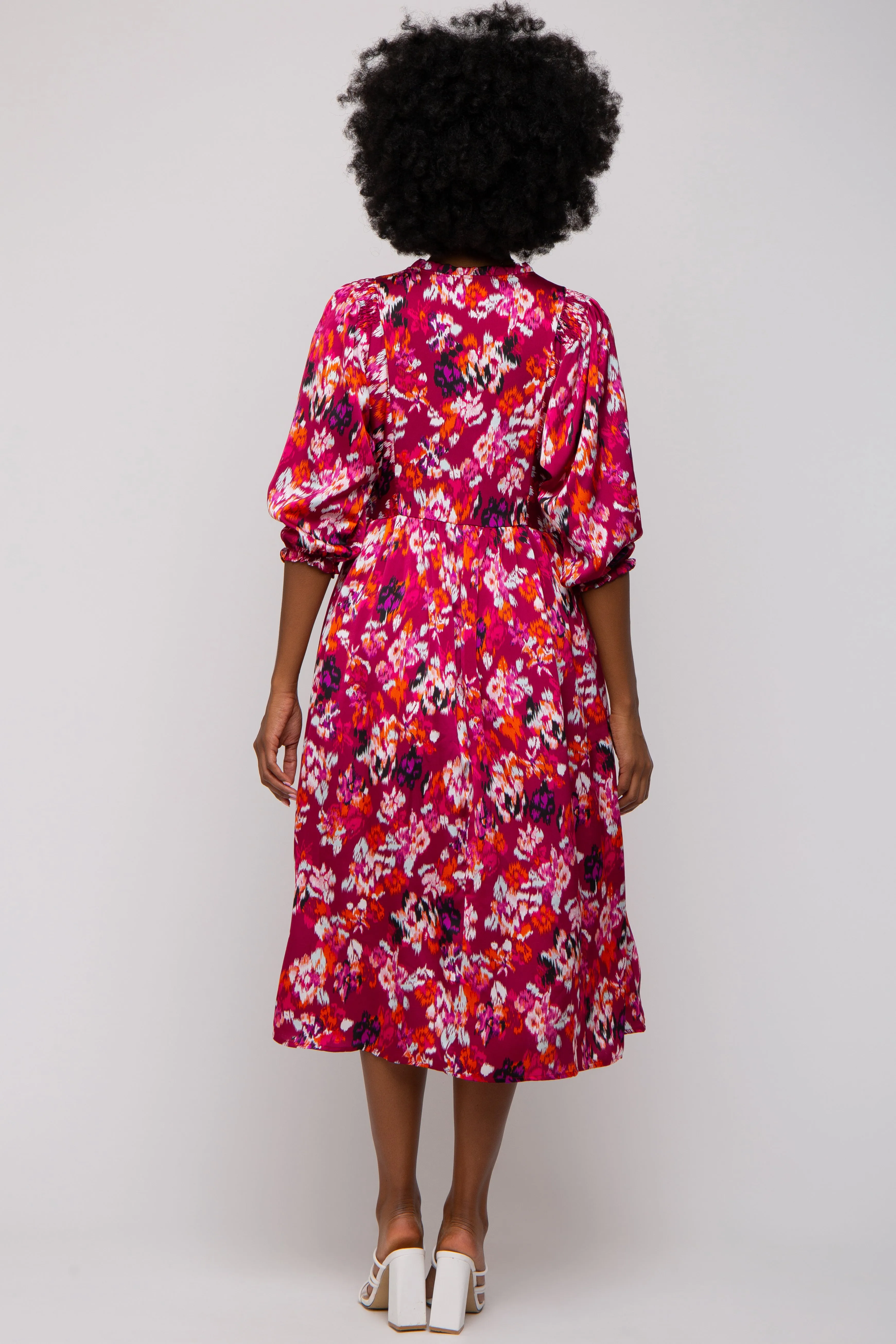Magenta Floral Satin Ruffle Neck Midi Dress sold by Pinkblush product image thumbnail 3