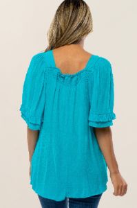 Turquoise Square Smocked Neck Ruffle Sleeve Top sold by Pinkblush
