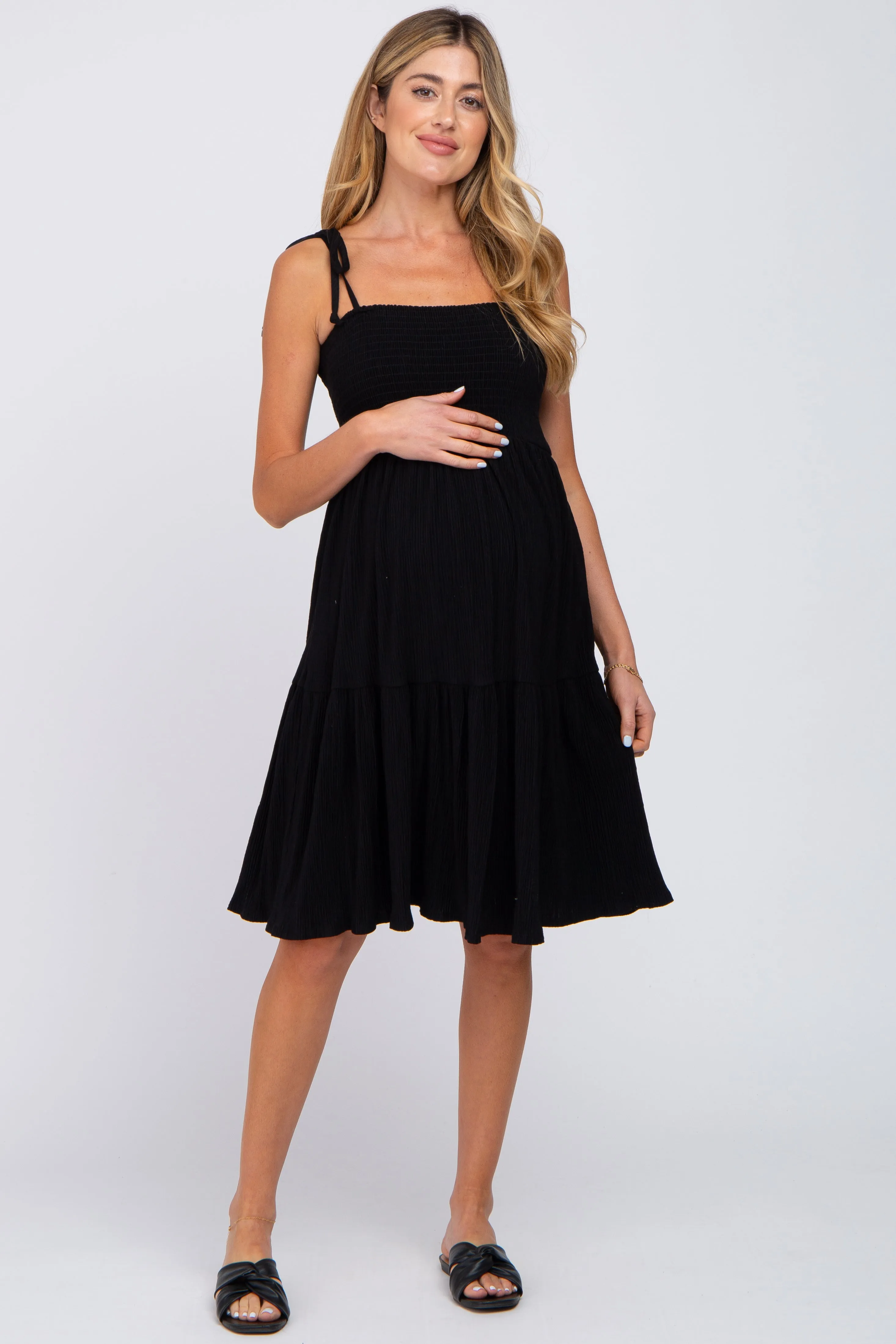 Black Smocked Shoulder Tie Maternity Dress sold by Pinkblush product image thumbnail 4