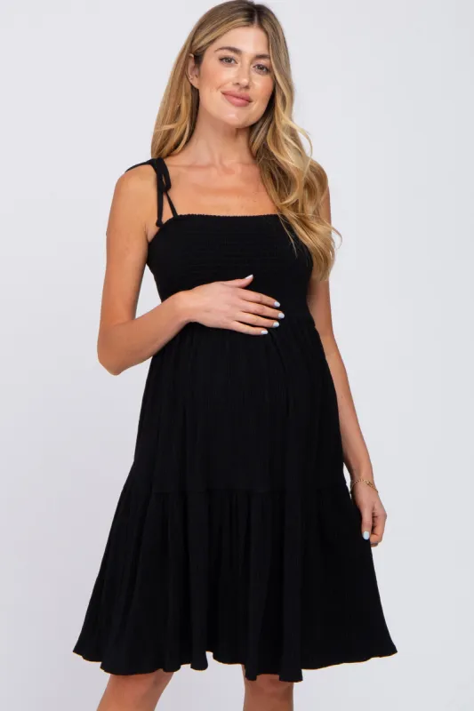 Black Smocked Shoulder Tie Maternity Dress sold by Pinkblush