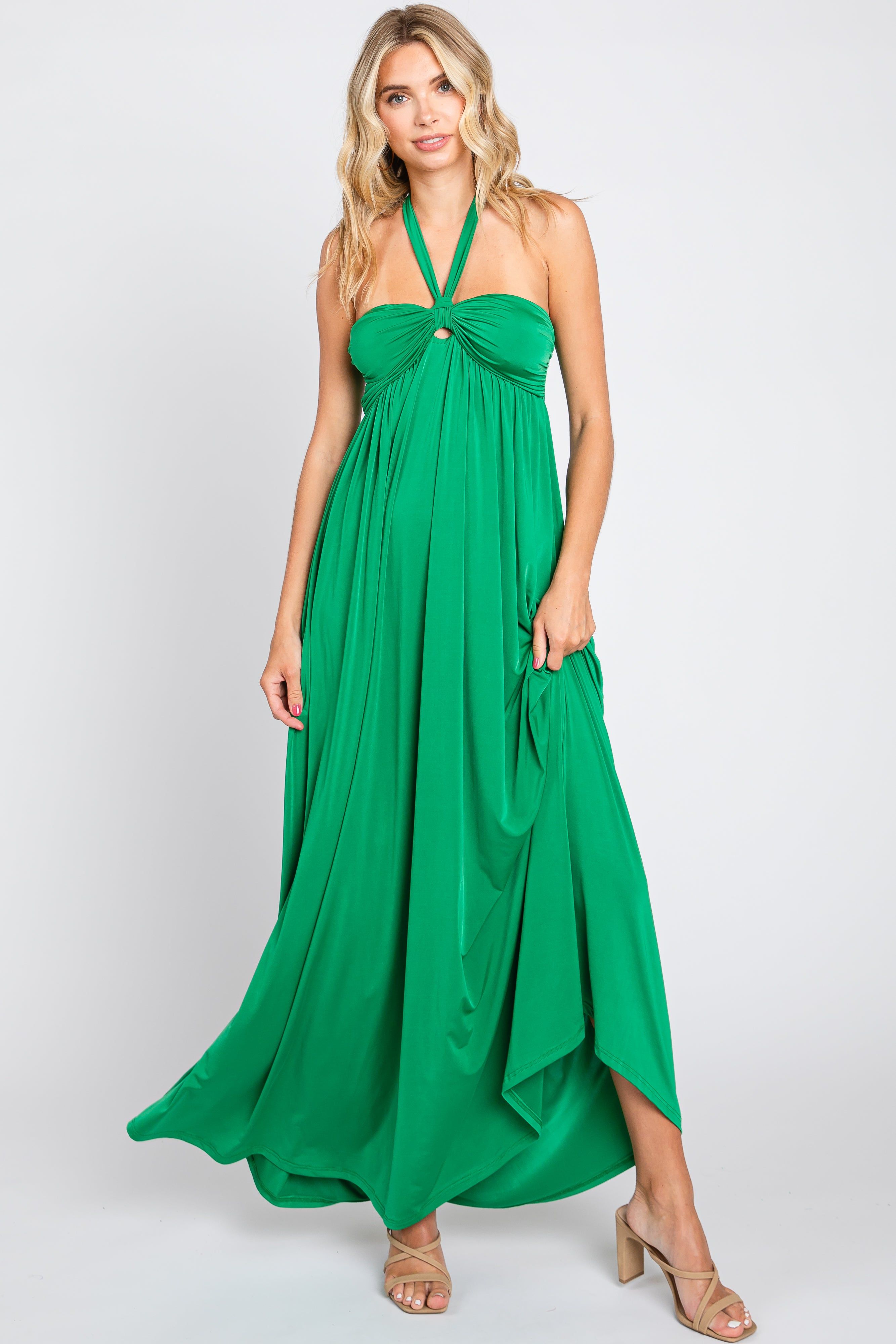 Green Front Knot Halter Maxi Dress sold by Pinkblush