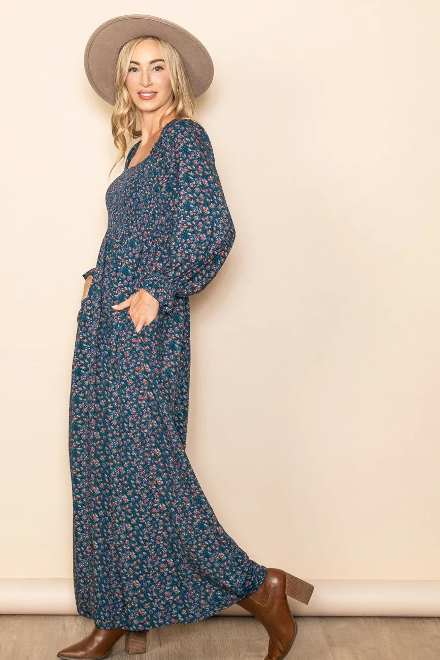 Dark Teal Floral Smocked Wide Leg Jumpsuit sold by Pinkblush product image thumbnail 3
