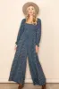 Dark Teal Floral Smocked Wide Leg Jumpsuit sold by Pinkblush