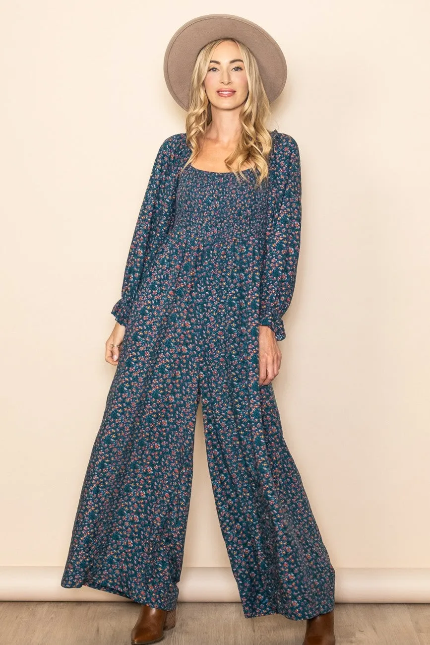 Dark Teal Floral Smocked Wide Leg Jumpsuit sold by Pinkblush