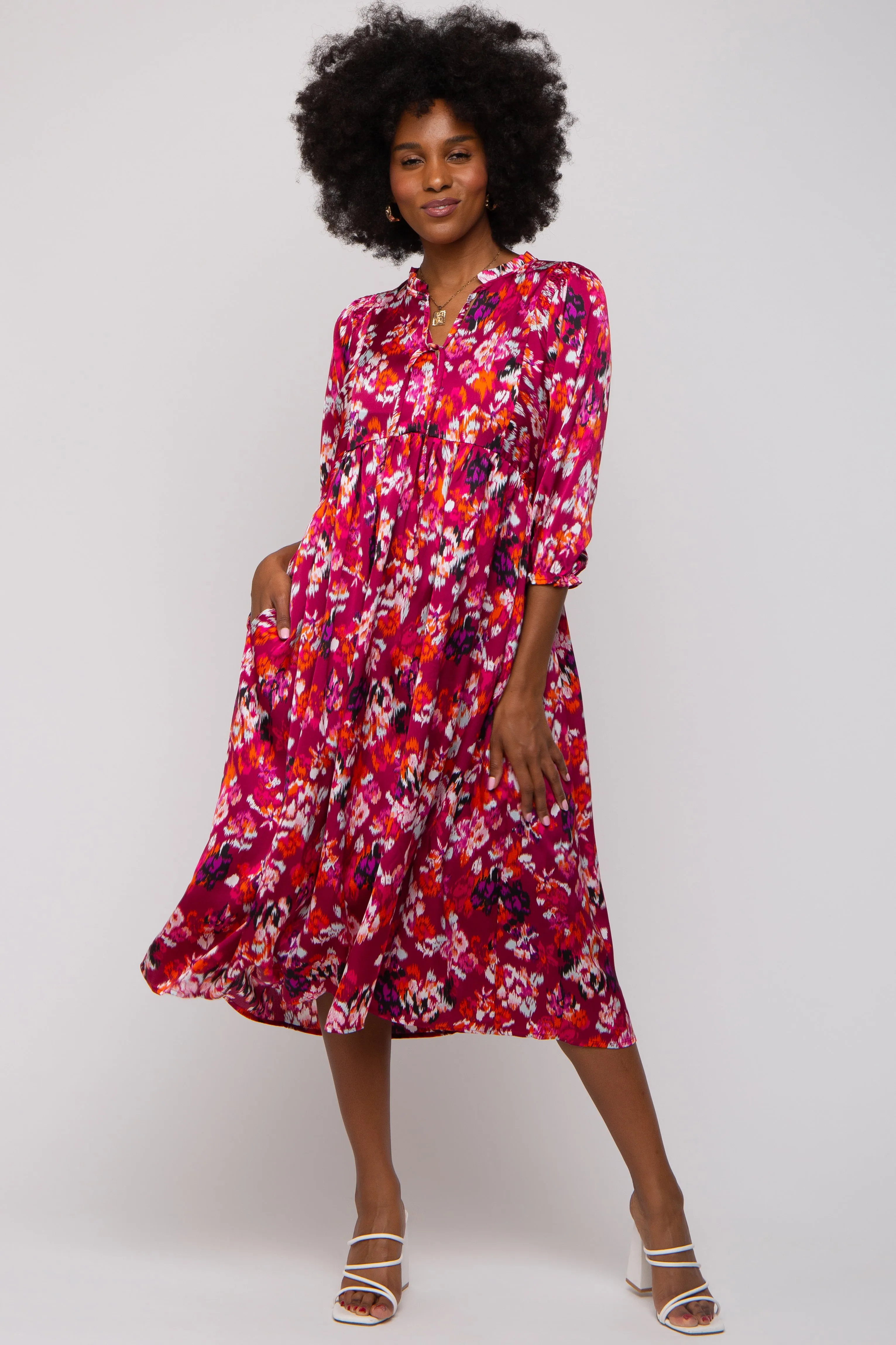 Magenta Floral Satin Ruffle Neck Midi Dress sold by Pinkblush product image thumbnail 4