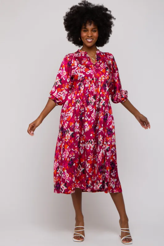 Magenta Floral Satin Ruffle Neck Midi Dress sold by Pinkblush