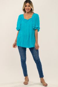 Turquoise Square Smocked Neck Ruffle Sleeve Top sold by Pinkblush
