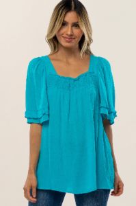 Turquoise Square Smocked Neck Ruffle Sleeve Top sold by Pinkblush