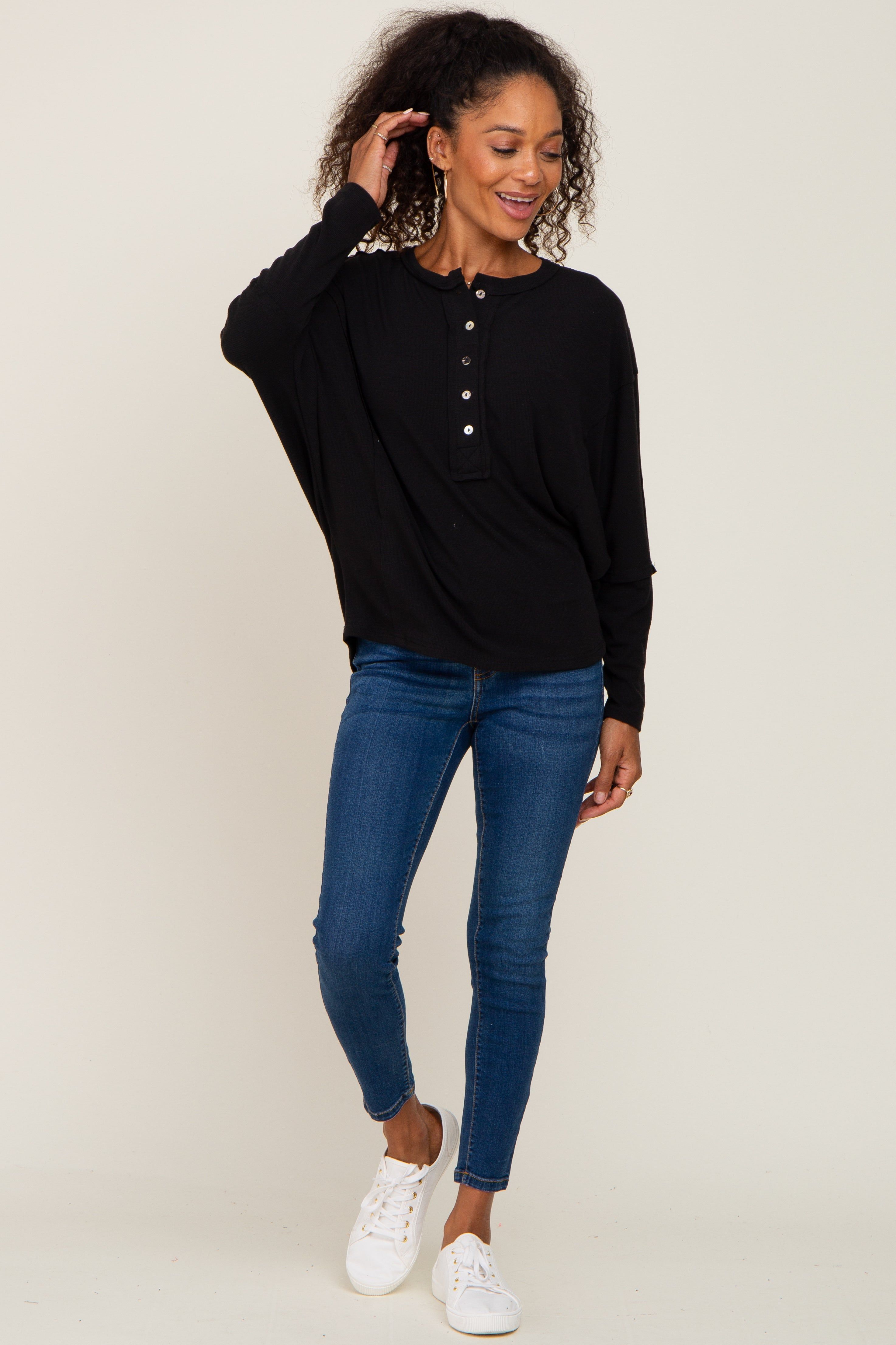 Black Ribbed Dolman Sleeve Henley Top sold by Pinkblush product image thumbnail 4