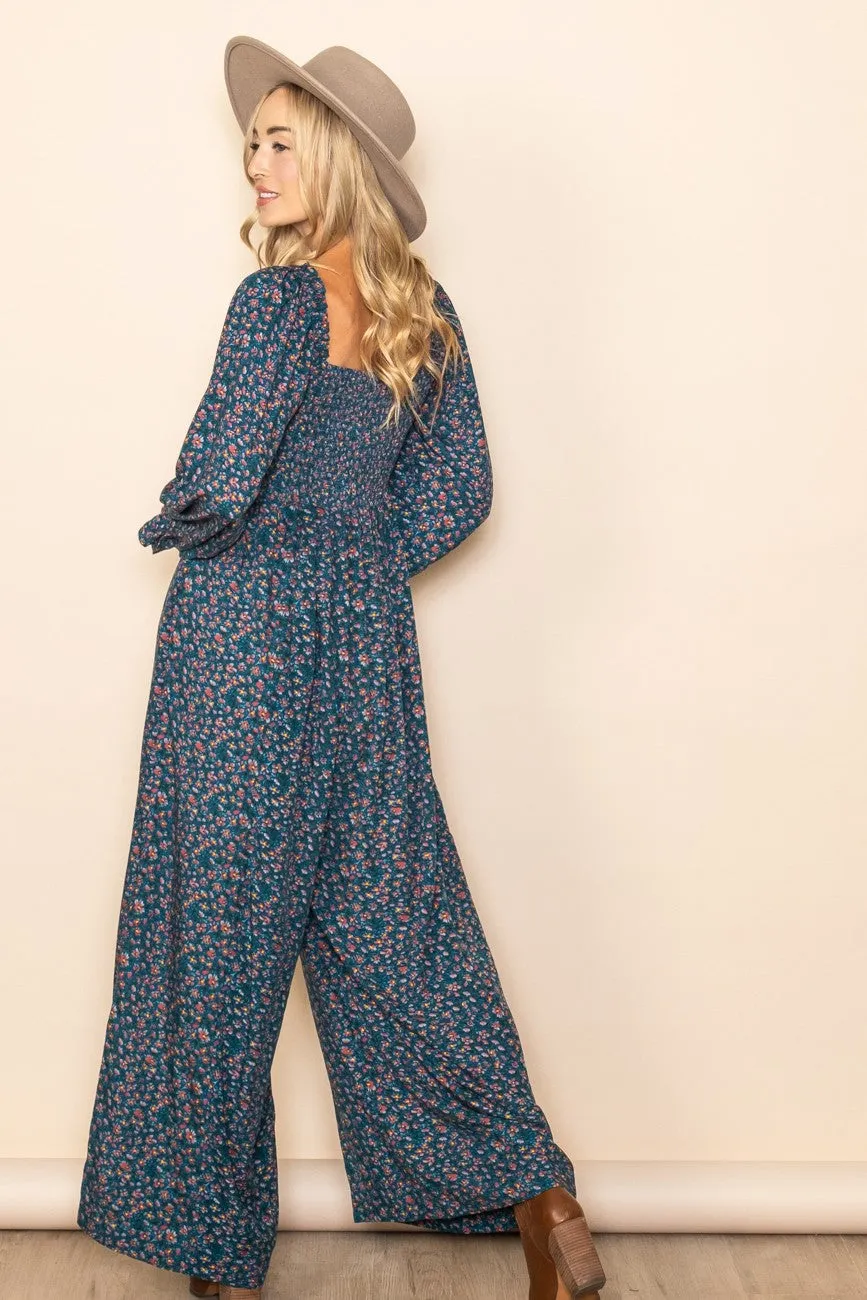 Dark Teal Floral Smocked Wide Leg Jumpsuit sold by Pinkblush product image thumbnail 4
