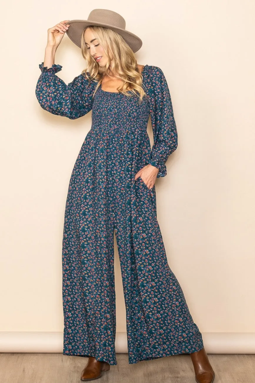 Dark Teal Floral Smocked Wide Leg Jumpsuit sold by Pinkblush product image thumbnail 2