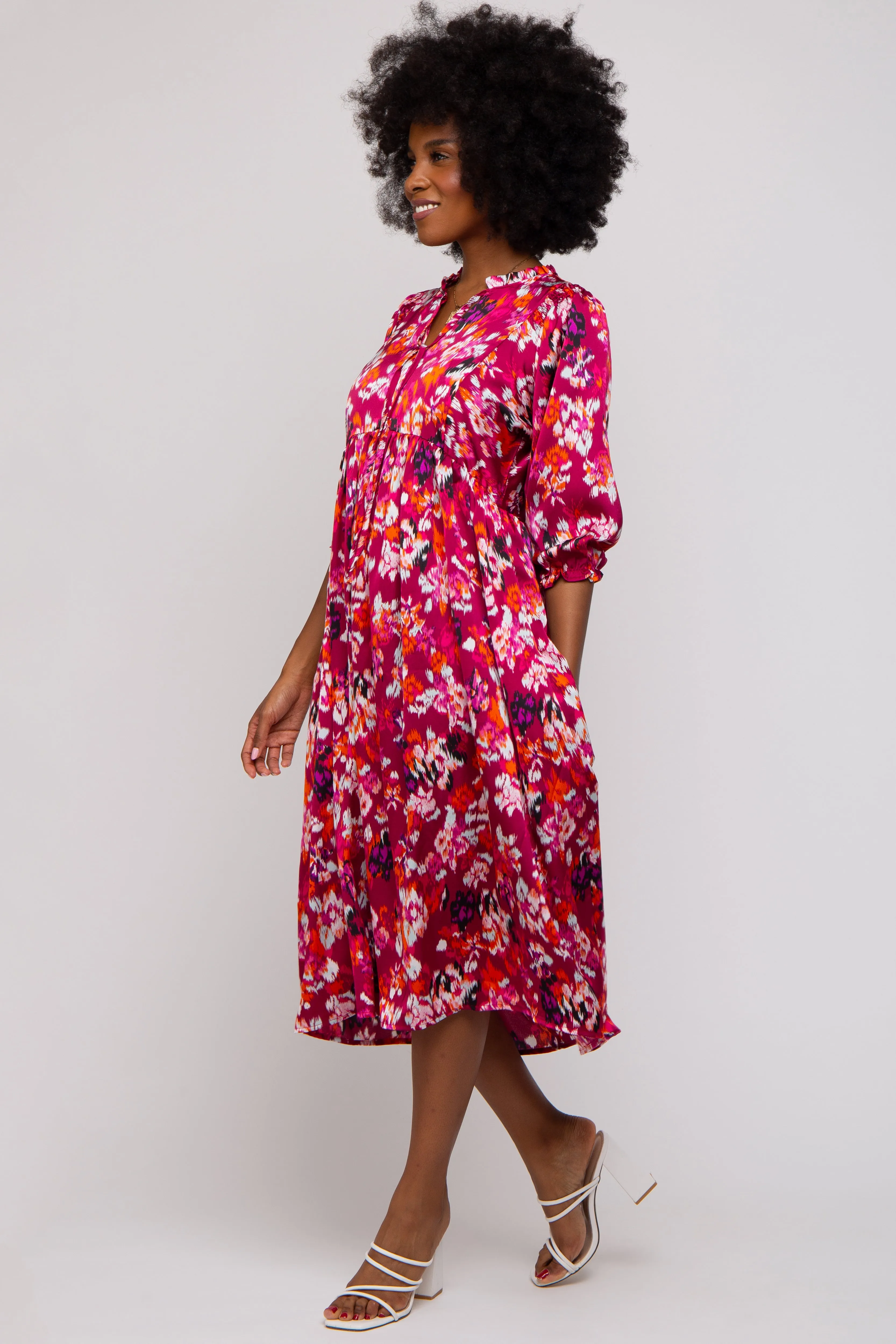 Magenta Floral Satin Ruffle Neck Midi Dress sold by Pinkblush product image thumbnail 2