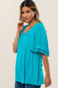 Turquoise Square Smocked Neck Ruffle Sleeve Top sold by Pinkblush