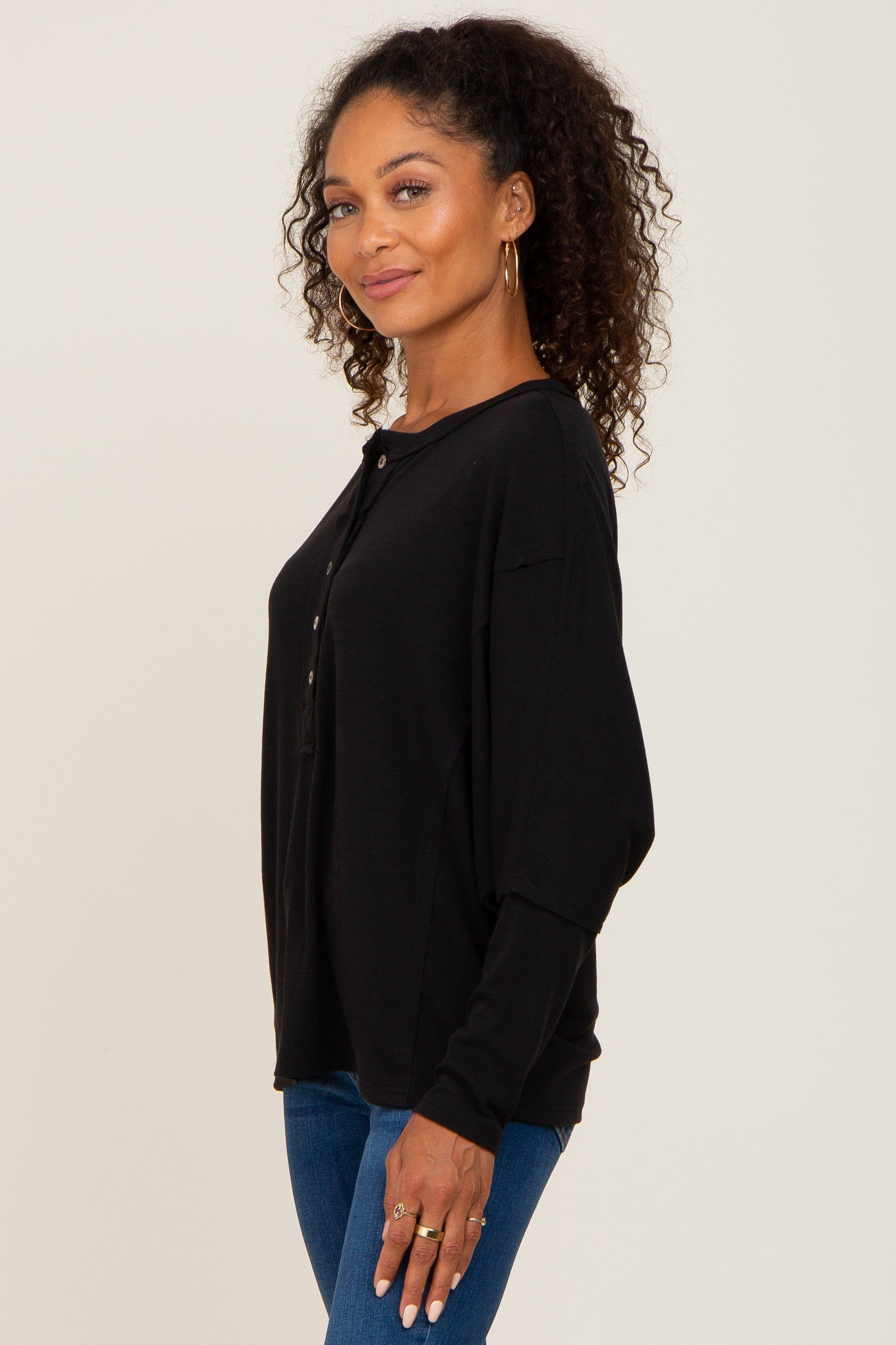 Black Ribbed Dolman Sleeve Henley Top sold by Pinkblush product image thumbnail 2