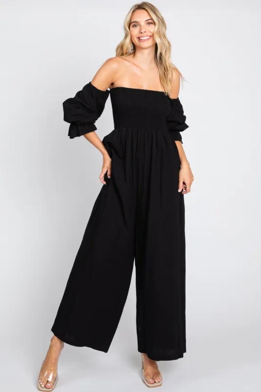 Black Linen Smocked Off Shoulder Wide Leg Jumpsuit sold by Pinkblush