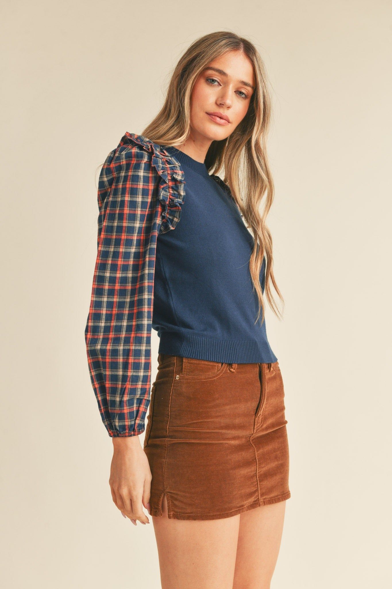 Navy Lightweight Sweater Top With Woven Sleeves sold by Pinkblush product image thumbnail 2