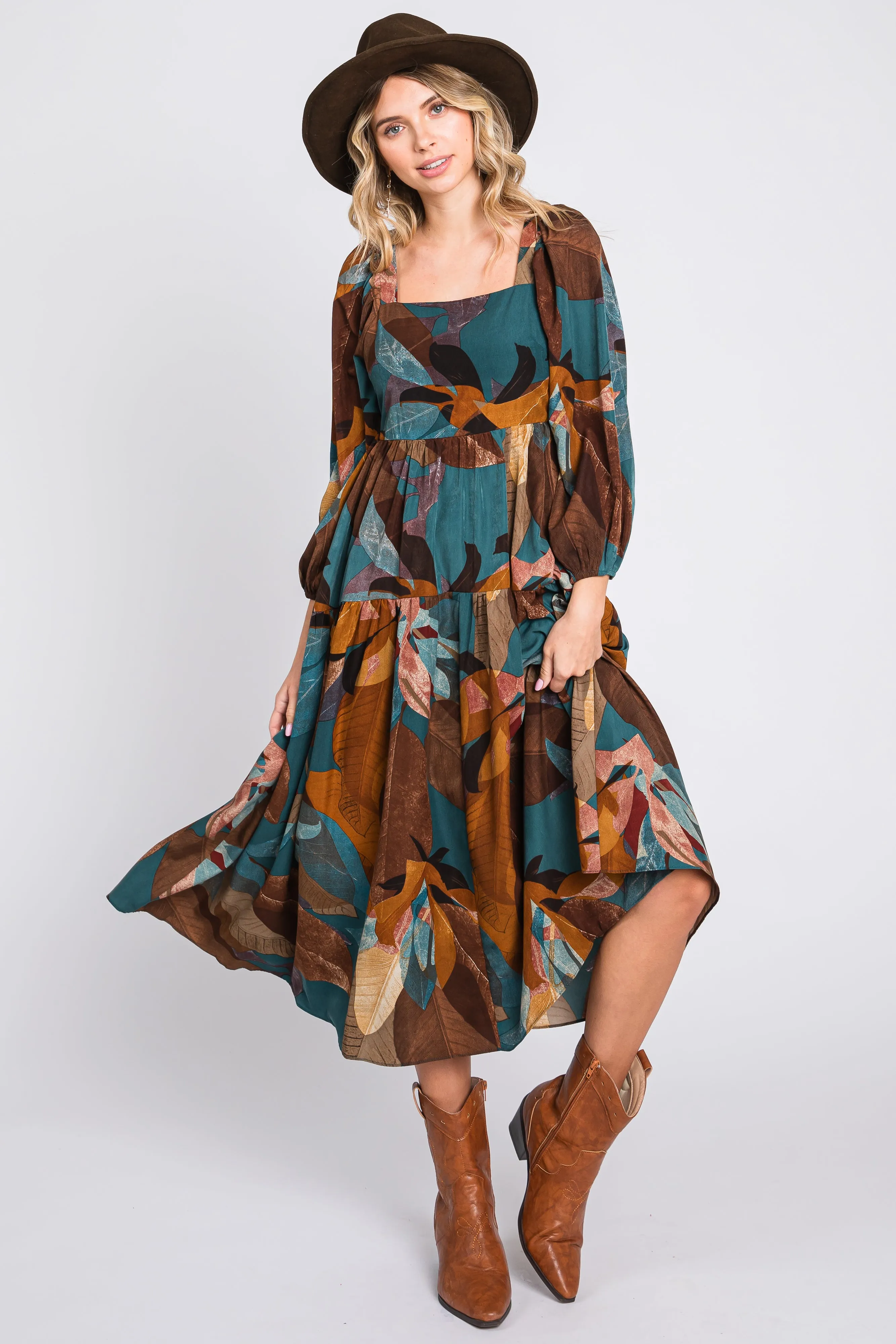 Teal Leaf Print Square Neck Midi Dress sold by Pinkblush