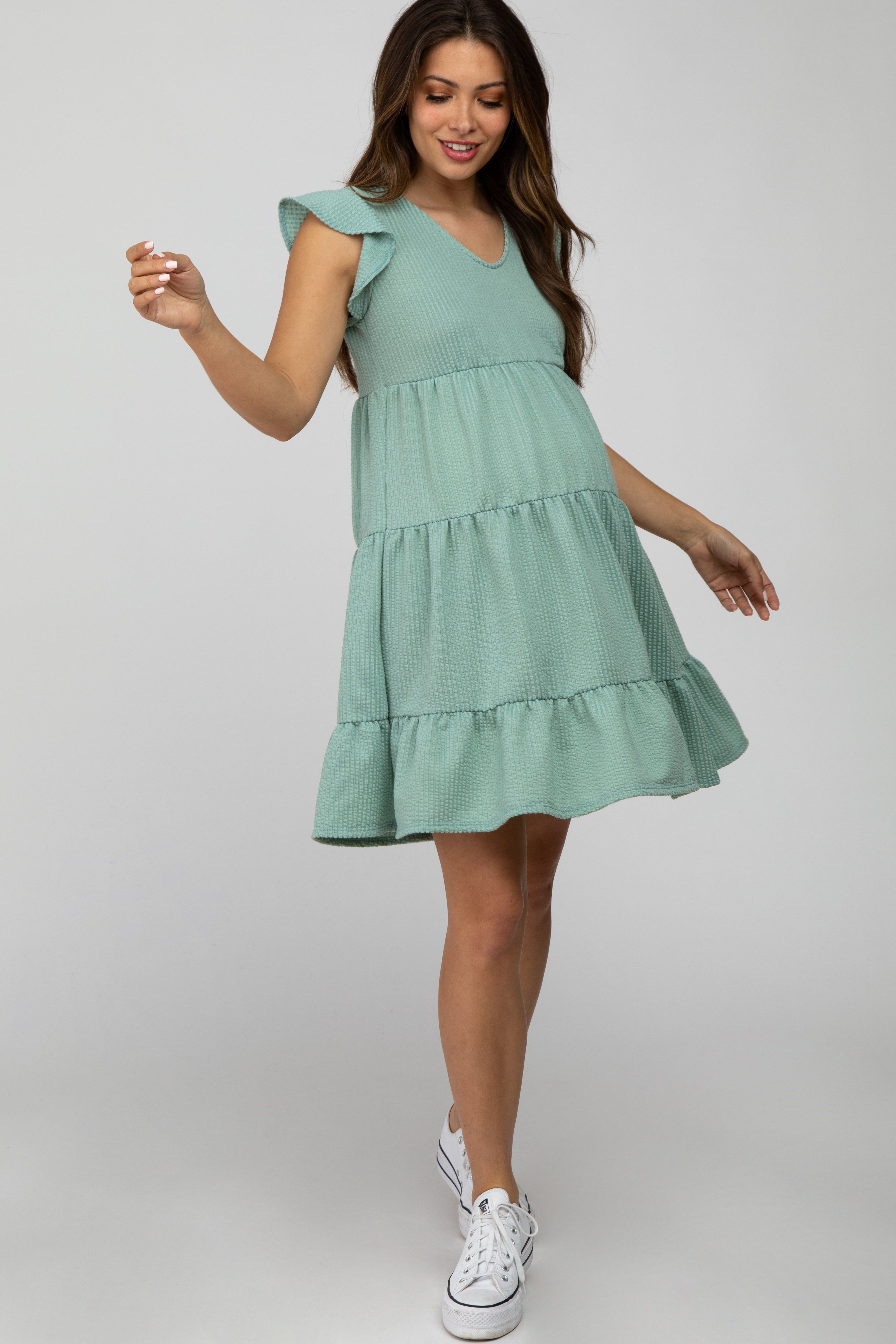 Mint Green Ruffle Sleeve Tiered Maternity Dress sold by Pinkblush product image thumbnail 2