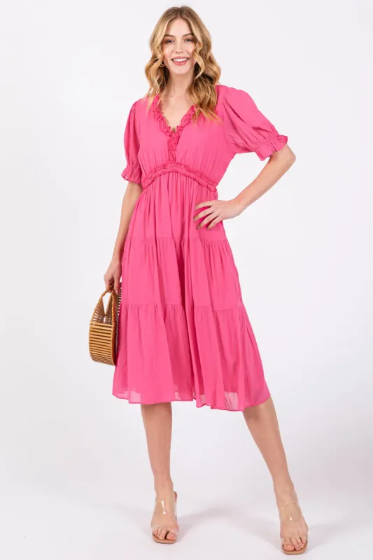 Fuchsia Ruffle Trim Tiered Dress sold by Pinkblush