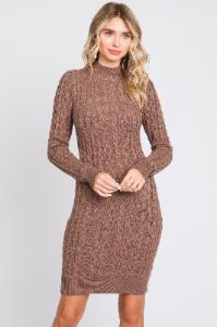 Mocha Cable Knit Mock Neck Long Sleeve Sweater Dress sold by Pinkblush
