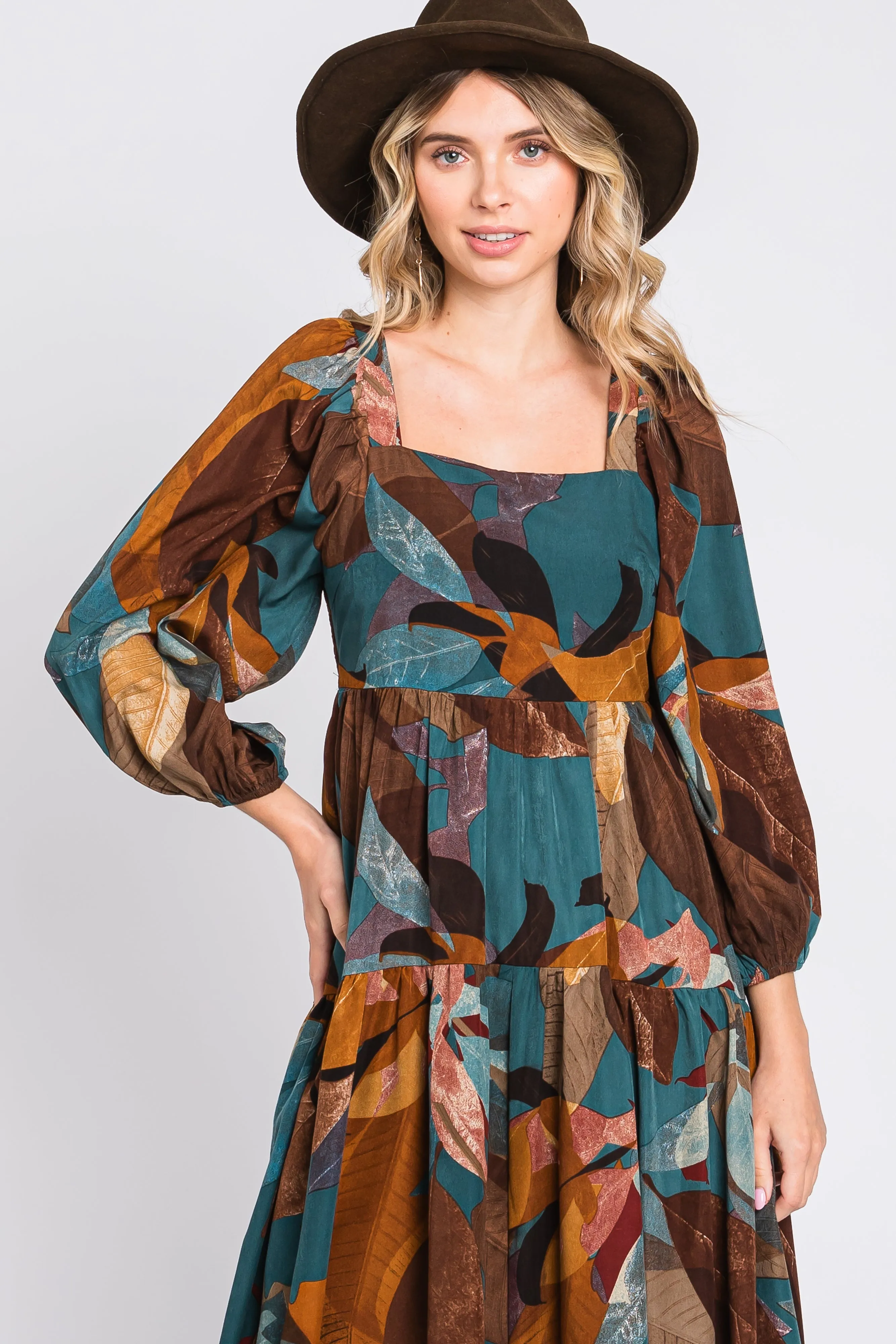 Teal Leaf Print Square Neck Midi Dress sold by Pinkblush product image thumbnail 5