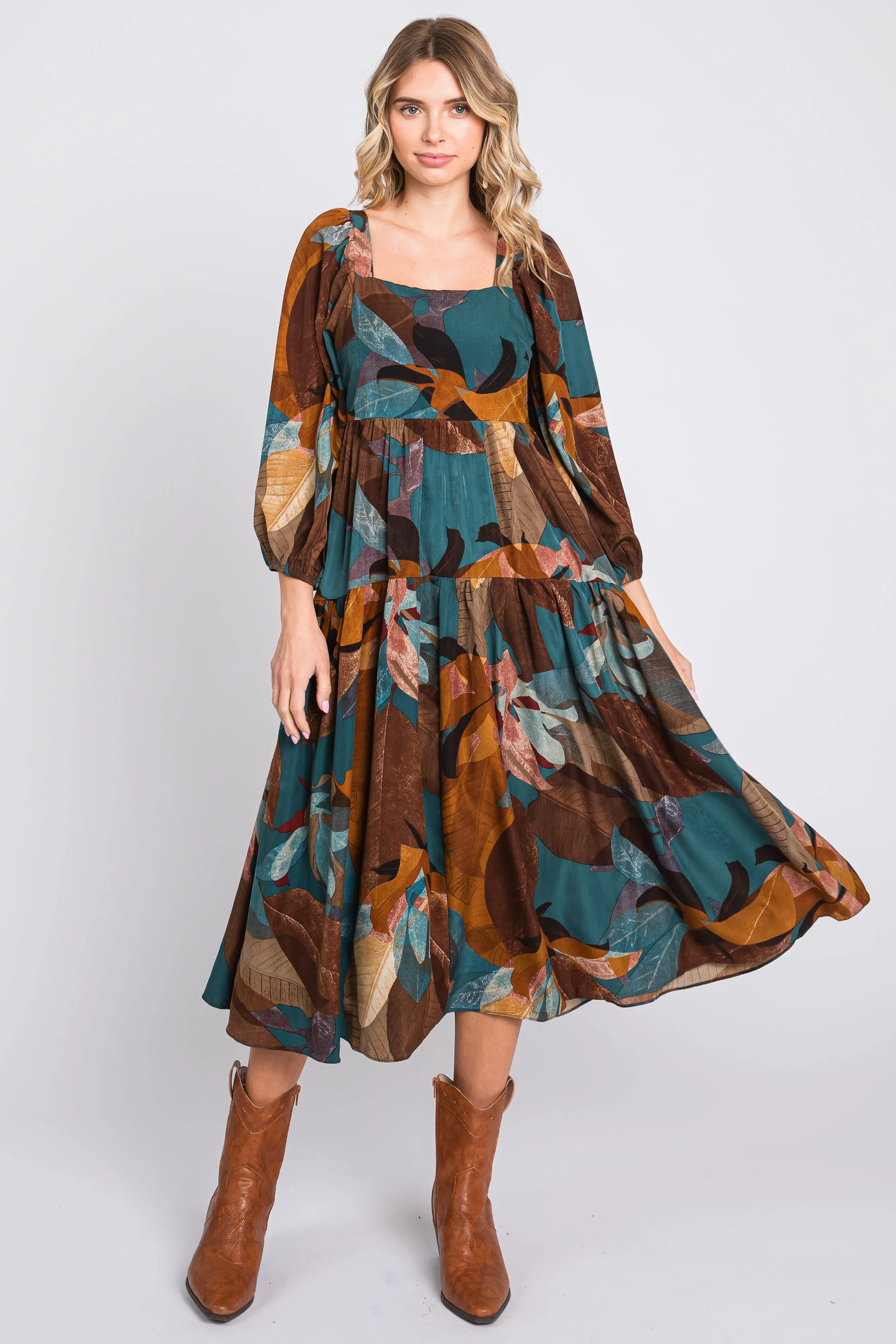 Teal Leaf Print Square Neck Midi Dress sold by Pinkblush product image thumbnail 2