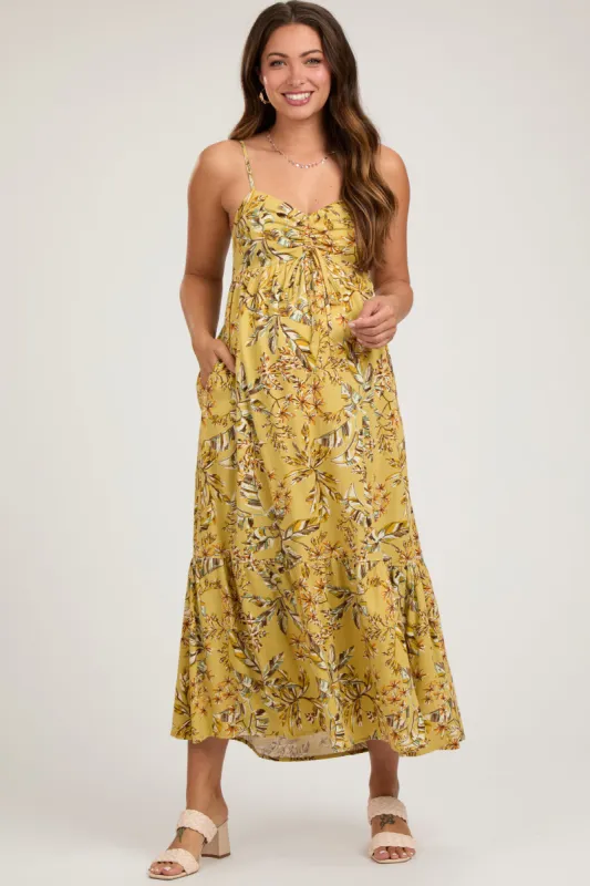 Lime Floral Sleeveless Front Cinched Maternity Midi Dress sold by Pinkblush