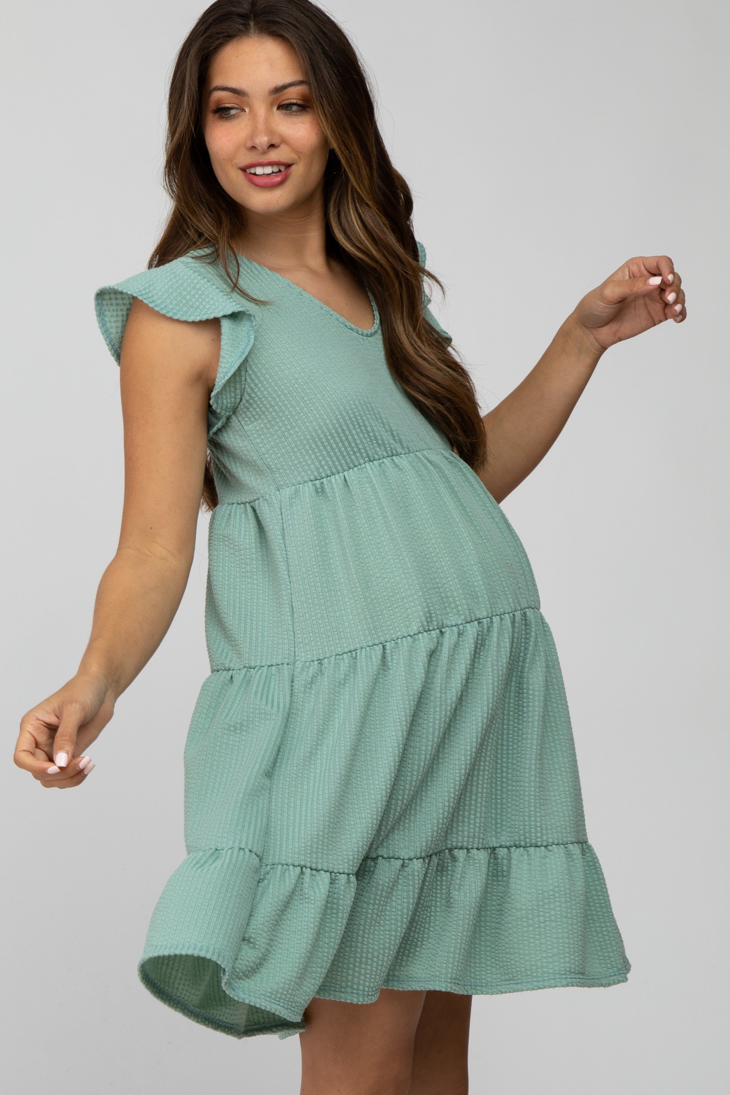 Mint Green Ruffle Sleeve Tiered Maternity Dress sold by Pinkblush product image thumbnail 3