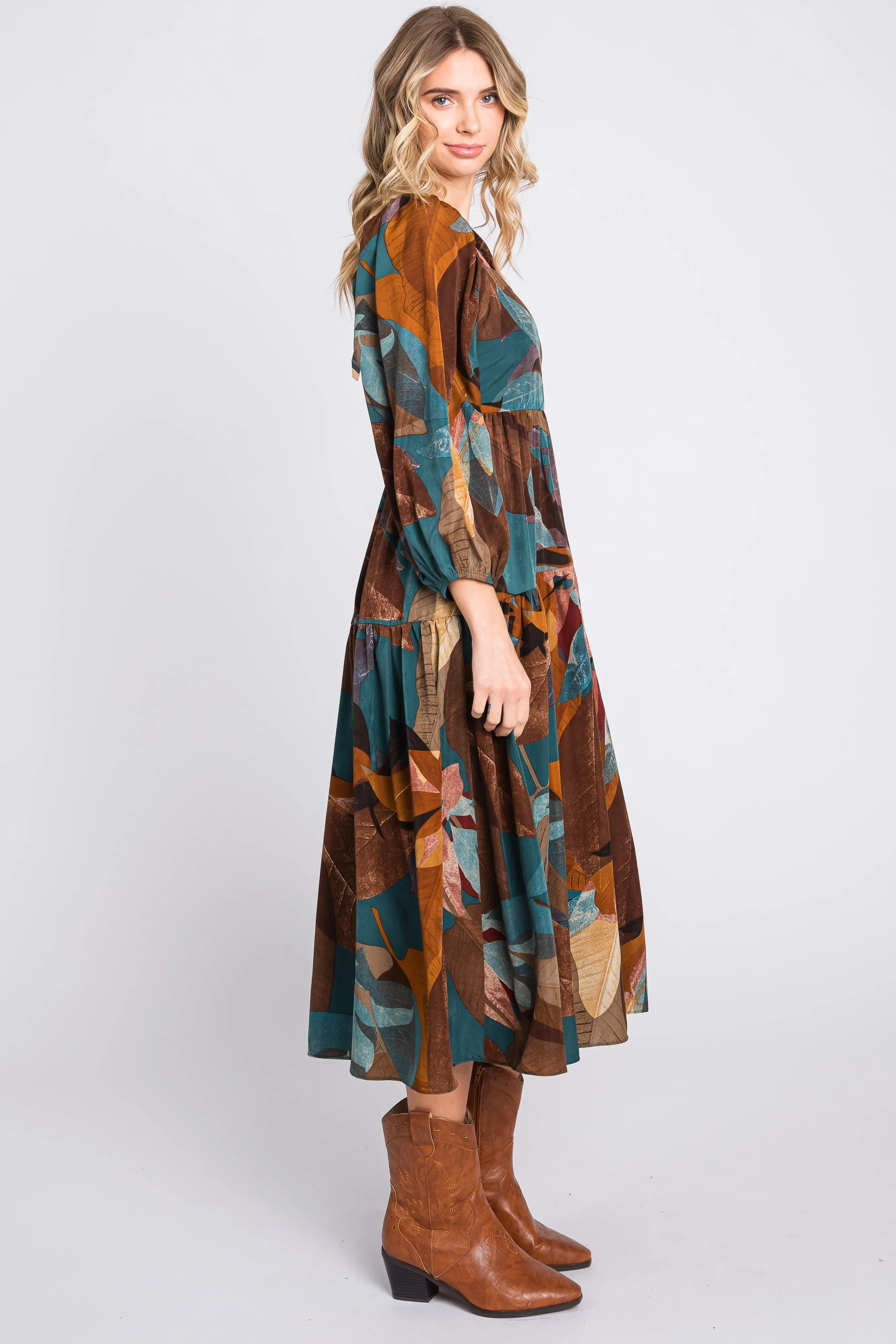 Teal Leaf Print Square Neck Midi Dress sold by Pinkblush product image thumbnail 3