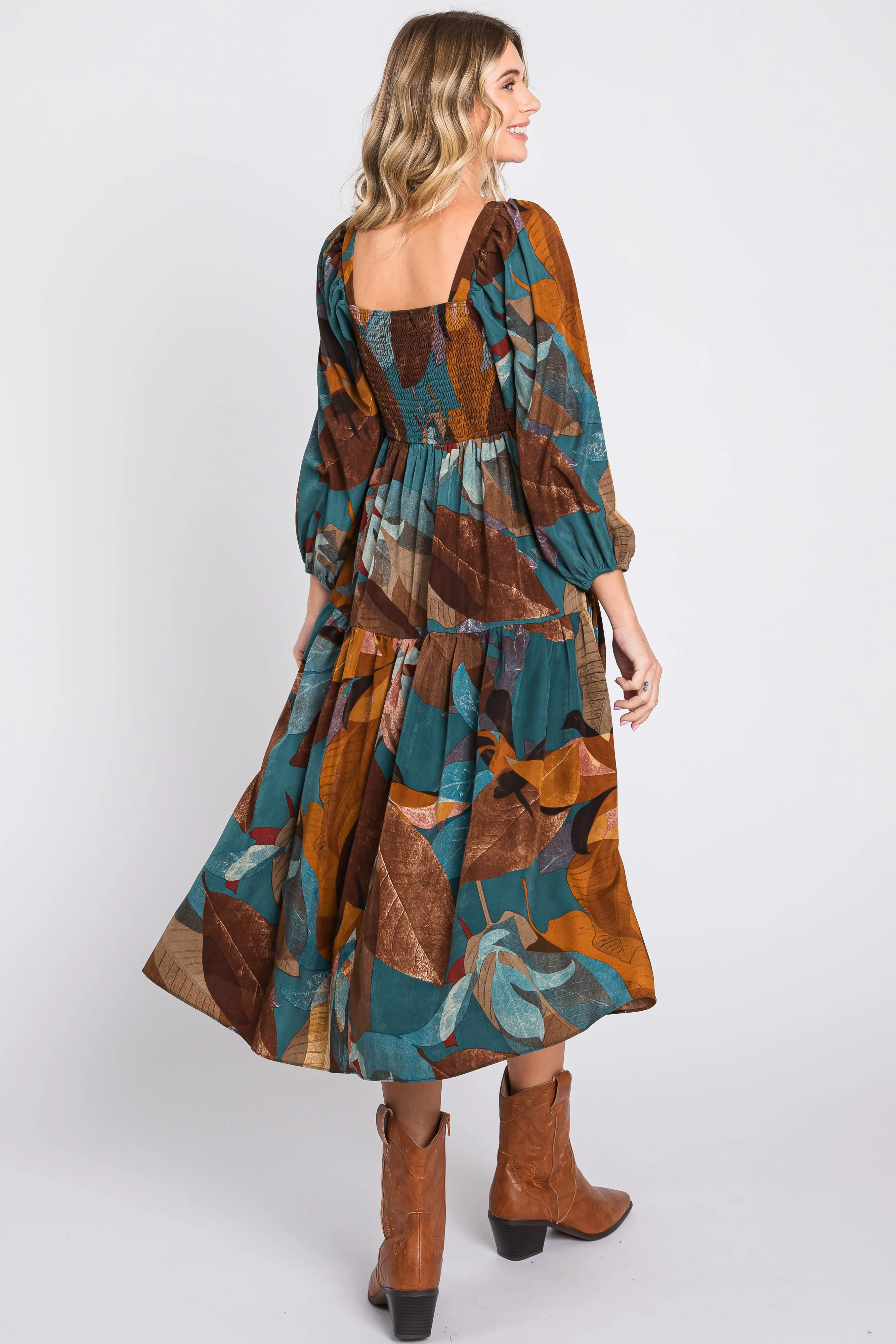 Teal Leaf Print Square Neck Midi Dress sold by Pinkblush product image thumbnail 4