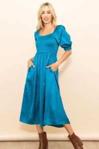 Turquoise Satin Smocked Maternity Midi Dress sold by Pinkblush