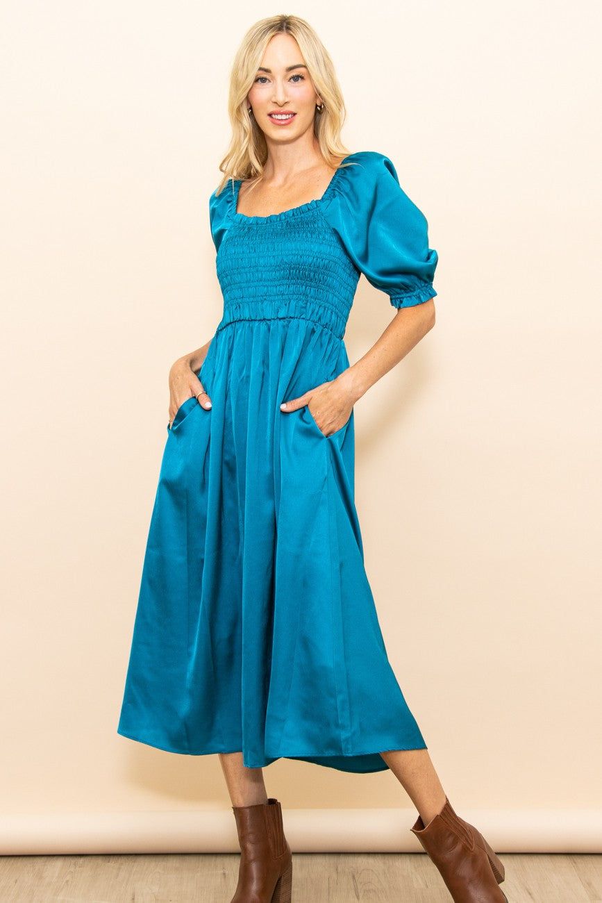 Turquoise Satin Smocked Maternity Midi Dress sold by Pinkblush product image thumbnail 4