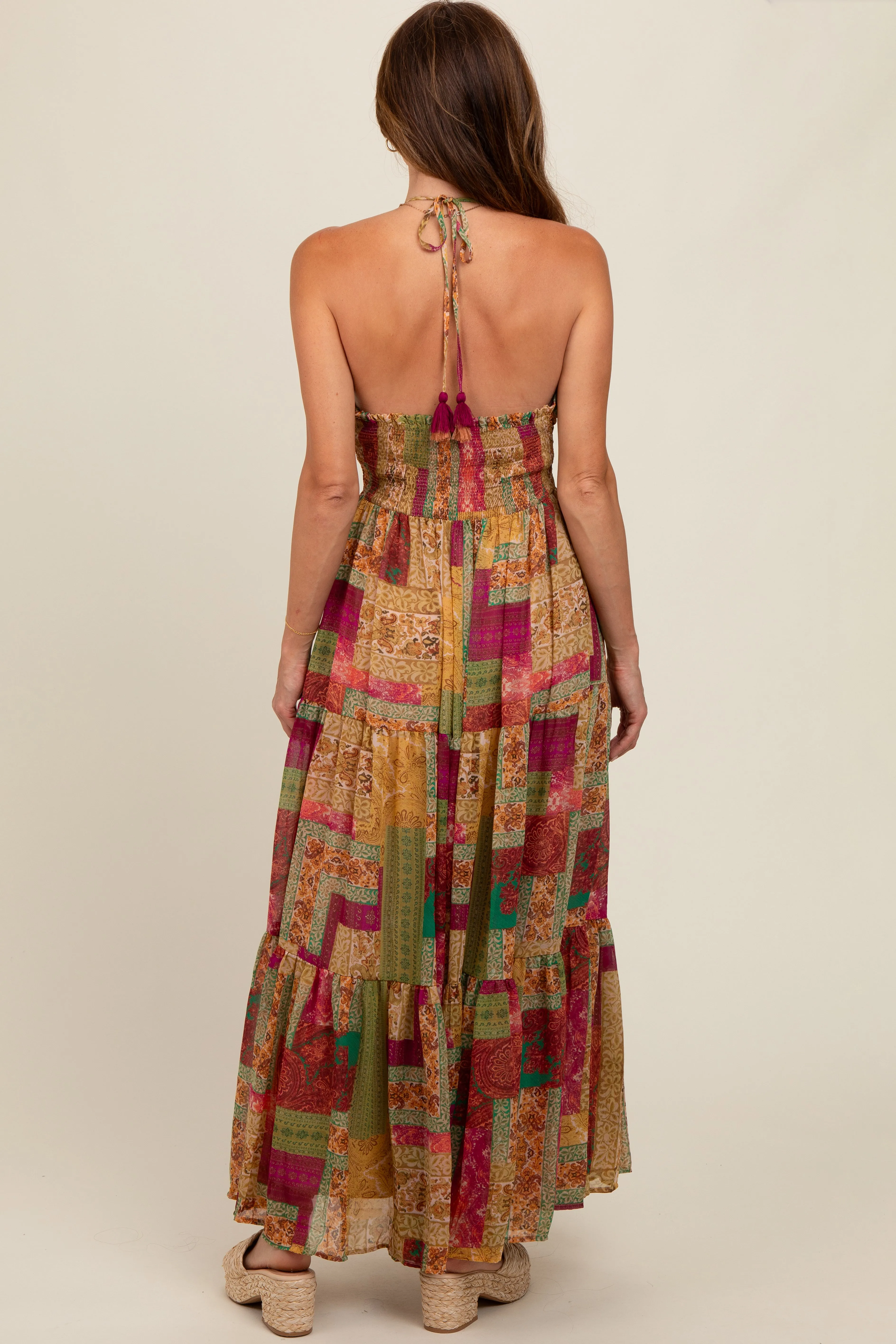 Olive Patchwork Print Halter Maxi Dress sold by Pinkblush product image thumbnail 5