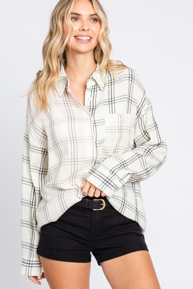 Ivory Gauze Plaid Button Up Top sold by Pinkblush